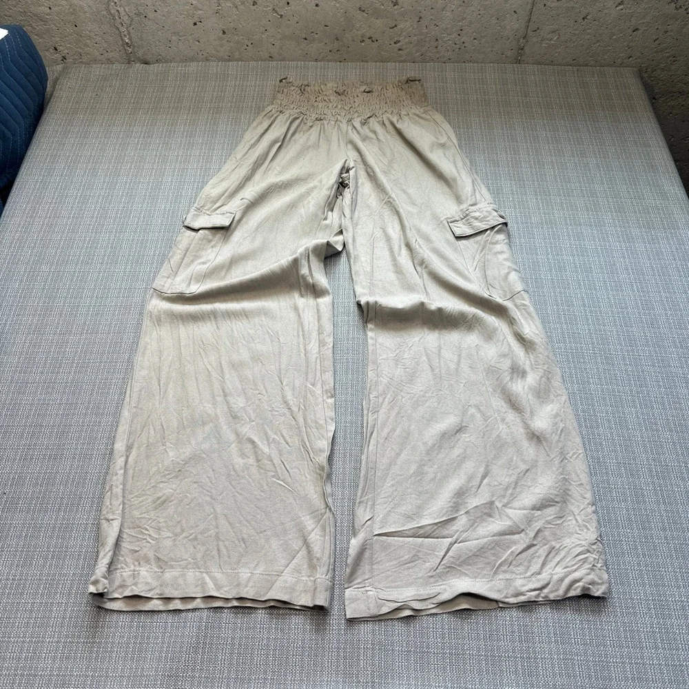 Linen Blend Cargo Pants Womens Medium Wide Leg Boho Coastal Flowy Beige